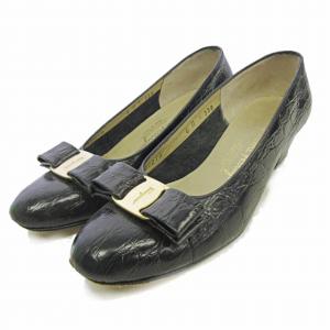 ヴァラ パンプス ヒール 型押し レザー リボン ブラック 6 B 23cm IBO26 0907