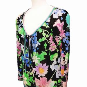 FASHION カーディガン 長袖 羽織り 花柄 総柄 リボン ブラック マルチカラー M 1005 STK