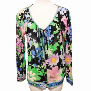 LEONARD FASHION カーディガン 長袖 羽織り 花柄 総柄 リボン ブラック マルチカラー M 1005 STK