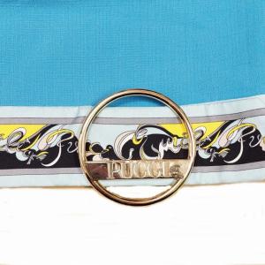 Emilio Pucci ワンピース 半袖 膝丈 ロゴ バックル風チャーム シルク混 ウール ストレッチ サックスブルー 40 国内正規品 1004