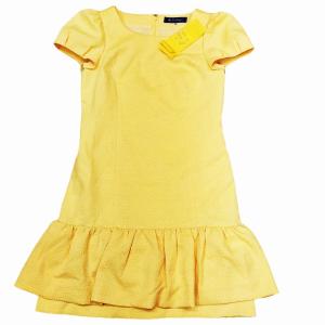 美品 グログランリボン膝丈ワンピース ドレス フレンチスリーブ ドット 水玉 パーティ 総柄 イエロー 40 1014