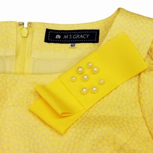 M'S GRACY 美品 グログランリボン膝丈ワンピース ドレス フレンチスリーブ ドット 水玉 パーティ 総柄 イエロー 40 1014