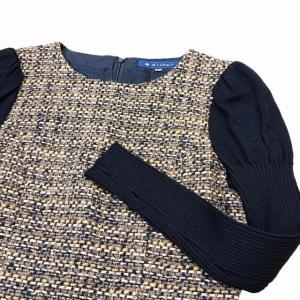 M'S GRACY ツイード リブニット切替ワンピース パフスリーブ リボン ネイビー