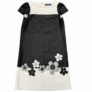 ワンピース ひざ丈 スパンコール 花モチーフ 刺繍 ワッペン バイカラー ブラック ホワイト 38 1104