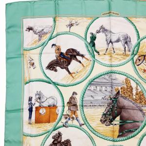 HERMES auteuil en mai オートゥイユの5月 カレ90 シルク スカーフ ストール 馬 乗馬 総柄 薄緑 1027