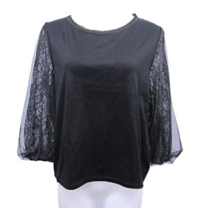 カットソー コットン 切替 袖レース チュール 7分袖 ブラック