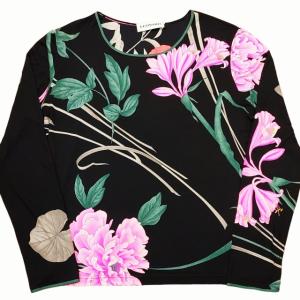 PARIS 最高級 シルク100％ 長袖カットソー Tシャツ 花柄 総柄 大きいサイズ ブラック 46 1203 IBO31