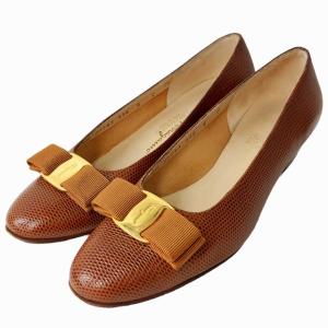 ヴァラ リザード型押 パンプス ヒール スリッポン アーモンドトゥ ゴールド金具 シューズ 靴 ブラウン 6C 24cm 1219