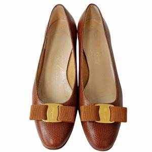 Salvatore Ferragamo ヴァラ リザード型押 パンプス ヒール スリッポン アーモンドトゥ ゴールド金具 シューズ 靴 ブラウン 6C 24cm 1219