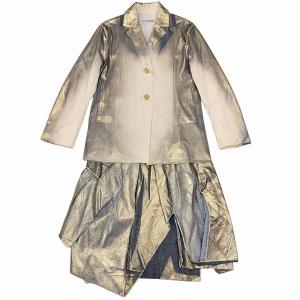 汚れ加工転写 セットアップ スーツ 中綿ジャケット スカート 変形 総柄 ゴールド