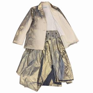 ISSEY MIYAKE 汚れ加工転写 セットアップ スーツ 中綿ジャケット スカート 変形 総柄 ゴールド