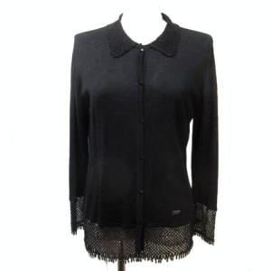 FASHION カーディガン ニット 長袖 ビーズ 黒 ブラック ロゴプレート IBO33 X