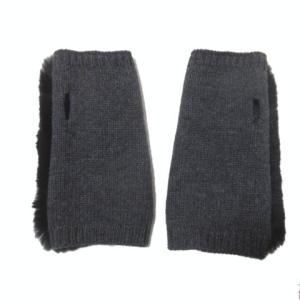 YVES SALOMON 手袋 レッキスファーグローブ ニットコンビ ウール カシミヤ混 指なし グレー 黒 ブラック チャーム RRR X