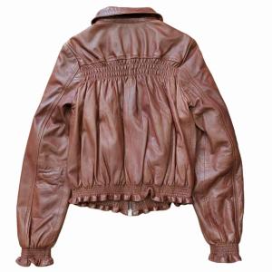 MAX&CO. ラムレザージャケット ライダース ブルゾン ギャザー スタンドカラー ブラウン S 0129