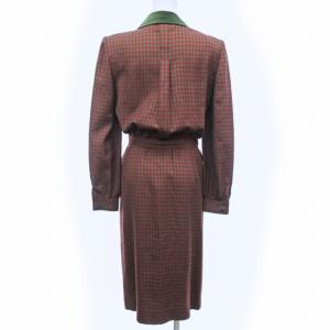 VALENTINO GARAVANI ヴィンテージ チェック柄 千鳥格子 ワンピース 長袖 ミディ丈 ロング ウール ブラウジング 緑 赤 38 国内正規品 0210