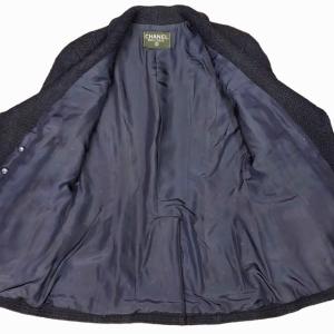 CHANEL ヴィンテージ ツイード ショールカラーダブルジャケット CCボタン ネイビー