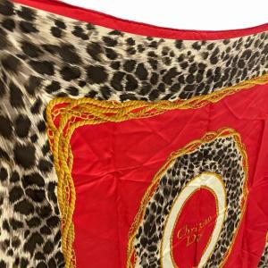 Christian Dior スカーフ 大判 シルク100％ ヒョウ柄 赤系 レッド 0221