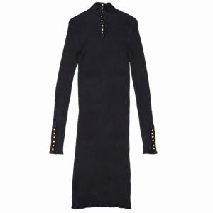 CHANEL ヴィンテージ ハイネックリブニットワンピース CCボタン カシミヤ シルク 34 黒