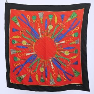 大判 シルク スカーフ タッセル柄 総柄 赤 黒 0303