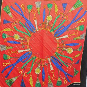 CELINE 大判 シルク スカーフ タッセル柄 総柄 赤 黒 0303