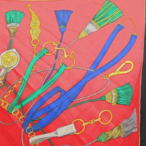 CELINE 大判 シルク スカーフ タッセル柄 総柄 赤 黒 0303