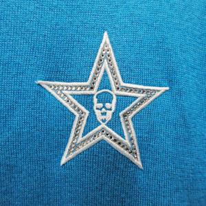 lucien pellat finet 近年モデル ニット セーター 長袖 スカル 髑髏 ラインストーン 星 スター 刺繍 シルク カシミア混 青 S 0517 IBO37