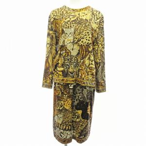 fashion セットアップ カットソー 長袖 台形スカート レオパード柄 ウール シルク混