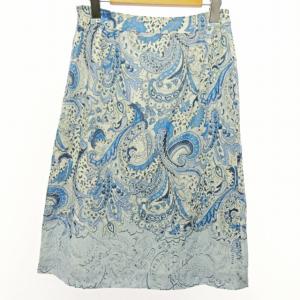 Paul Stuart ペイズリー柄 スカート ミディ丈 膝丈 ラップ調 麻混 リネン混 刺繍 白 水色 6 0515