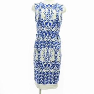 美品 ワンピース ノースリーブ 膝丈 花柄 アラベスク柄 白 青 36 0809 GY06