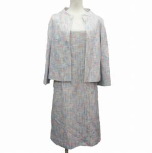 セットアップ ワンピース スーツ ツイード 膝丈 白 ホワイト マルチカラー 11AR 約M-Lサイズ 0826