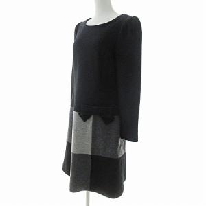 M'S GRACY TD-321550 ワンピース 長袖 膝丈 ウール リボン パッチワーク調 黒 グレー 40 1110