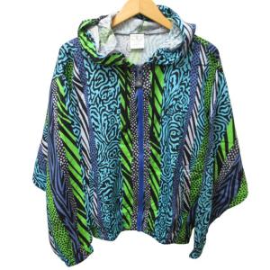 ヴィンテージ リネン混 総柄ジップアップパーカー フーディー デサントタグ マルチカラー Lサイズ 1216