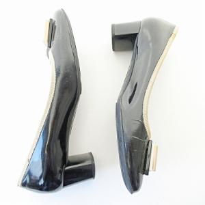 Salvatore Ferragamo ヴァラ パンプス チャンキーヒール エナメル パテント ブラック 黒 7.5 24.5cm 0116