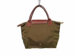 Longchamp トートバッグ ハンドバッグ レザー 折り畳み フランス製 金ボタン ロゴジップ カーキ 0508 WY