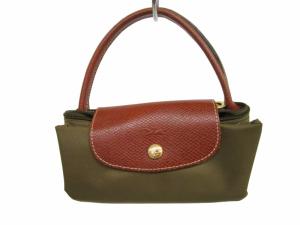 Longchamp トートバッグ ハンドバッグ レザー 折り畳み フランス製 金ボタン ロゴジップ カーキ 0508 WY
