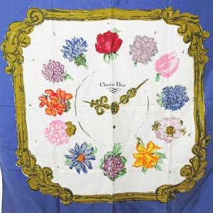 Christian Dior ECHARPES シルク 大判 スカーフ 時計モチーフ 花柄 ブルー 青 0703