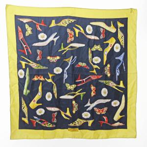 大判 シルクスカーフ 総柄 サンダル柄 シューズ柄 蝶 ネイビー 紺 0801 GY14