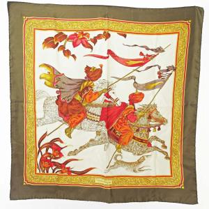 大判 シルク スカーフ 馬 ホース 白 茶 0801 GY14