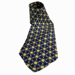 美品 青×黄 ネクタイ 総柄 チェーン ロゴ入り シルク  GY14