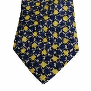 HERMES 美品 青×黄 ネクタイ 総柄 チェーン ロゴ入り シルク  GY14