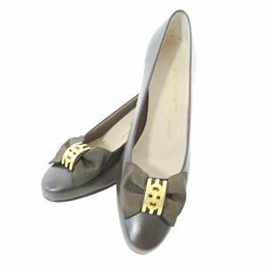 ガンチーニ リボン パンプス レザー ゴールド金具 5.5 23cm ブラウン 茶 0906 GY09