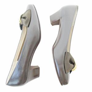 Salvatore Ferragamo ガンチーニ リボン パンプス レザー ゴールド金具 5.5 23cm ブラウン 茶 0906 GY09