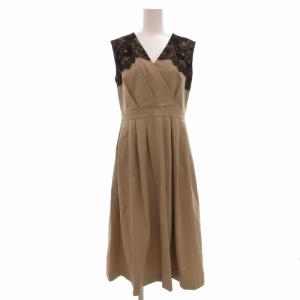 UPCS 美品 レース切替 Vネックワンピース ノースリーブ ドレス 38 M ベージュ 黒 ブラック