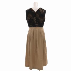 UNITED ARROWS UPCS 美品 レース切替 Vネックワンピース ノースリーブ ドレス 38 M ベージュ 黒 ブラック