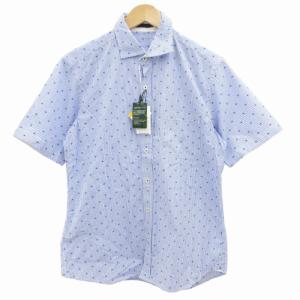 オム HOMME タグ付き シャツ 半袖 ストライプ 48 L 青 ブルー 白 ホワイト