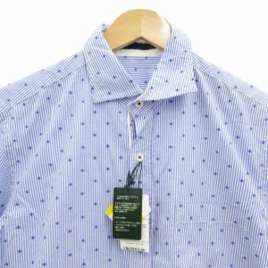 23区 オム HOMME タグ付き シャツ 半袖 ストライプ 48 L 青 ブルー 白 ホワイト