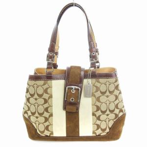 シグネチャー ハンドバッグ レザー切替 モノグラム 茶 ブラウン ベージュ E04Q-7054