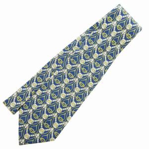 HERMES 美品 ネクタイ ビジネス 総柄 ロゴ 絹 シルク 紺 ネイビー