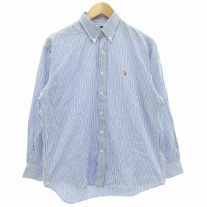 ボタンダウンシャツ 長袖 ストライプ ロゴ刺繍 ワンポイント M 青 ブルー 白 ホワイト
