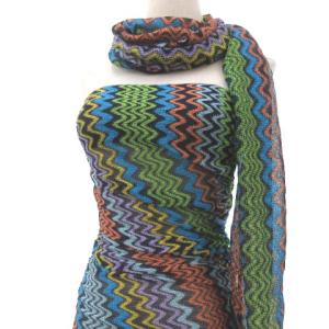 MISSONI ワンピース ひざ丈 ストール付き 総柄 ギャザー メッシュ ニット シースルー ドレス イタリア製 Sサイズ マルチカラー